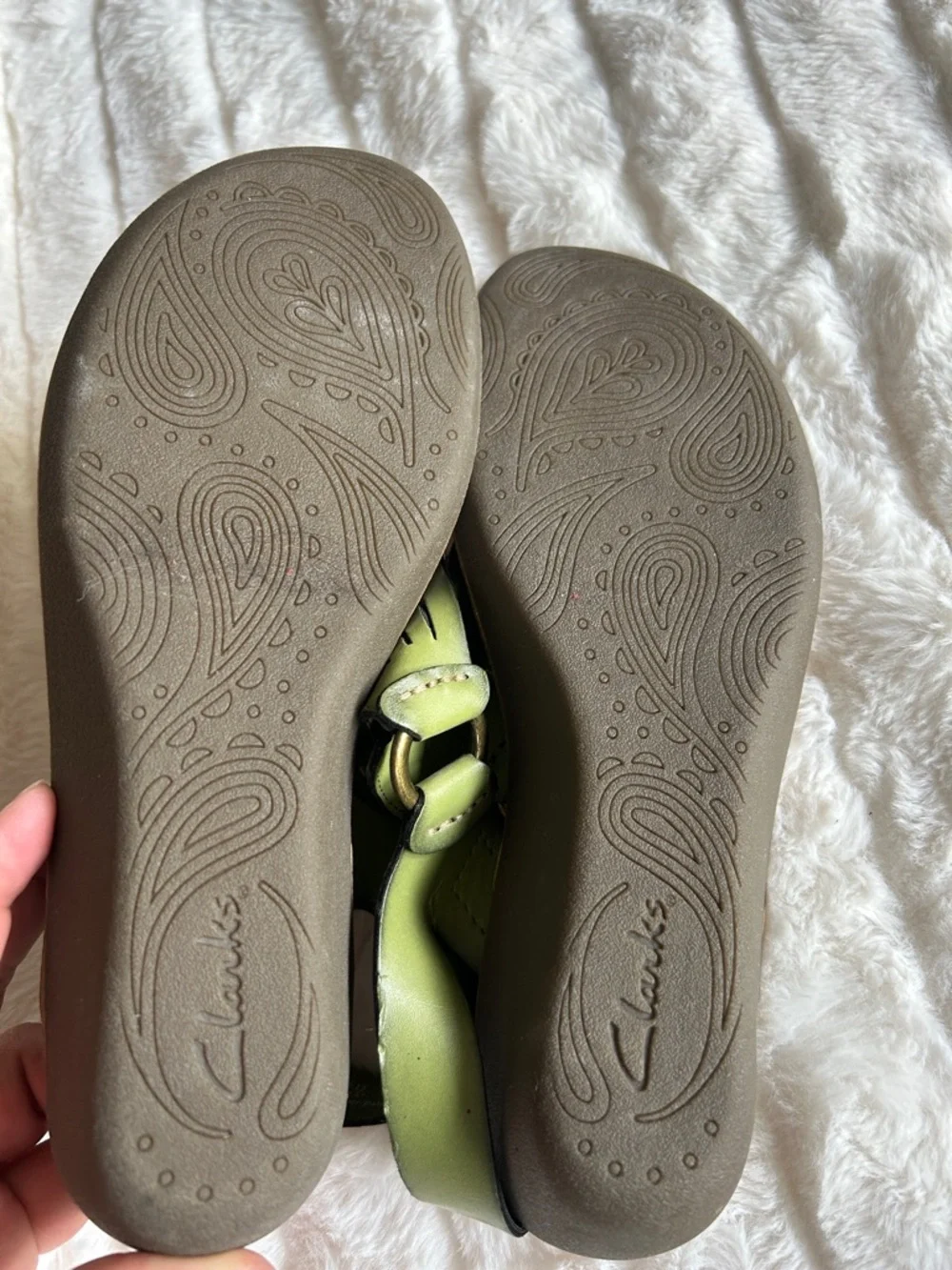 Clarks Olive Green and Brown Leather T-Strap Sandals
